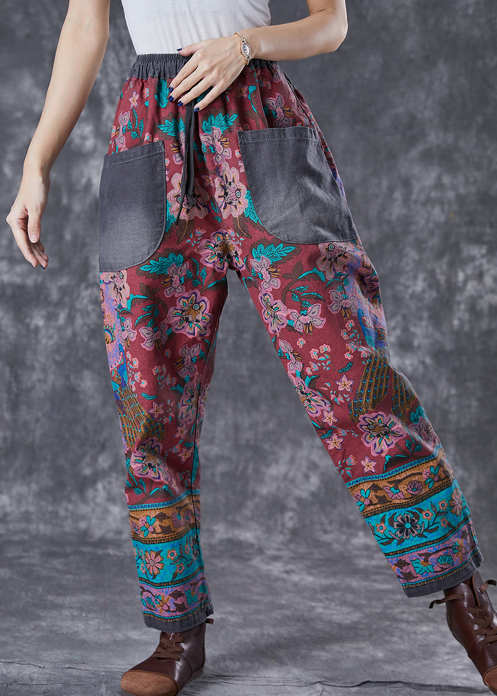 Red Print Elastic Waist Patchwork Pockets Cotton Harem Pants Fall