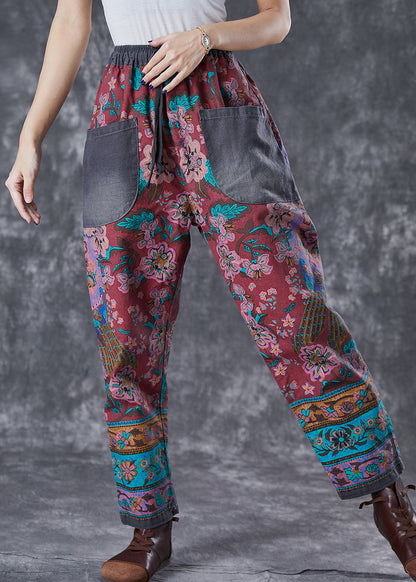 Red Print Elastic Waist Patchwork Pockets Cotton Harem Pants Fall