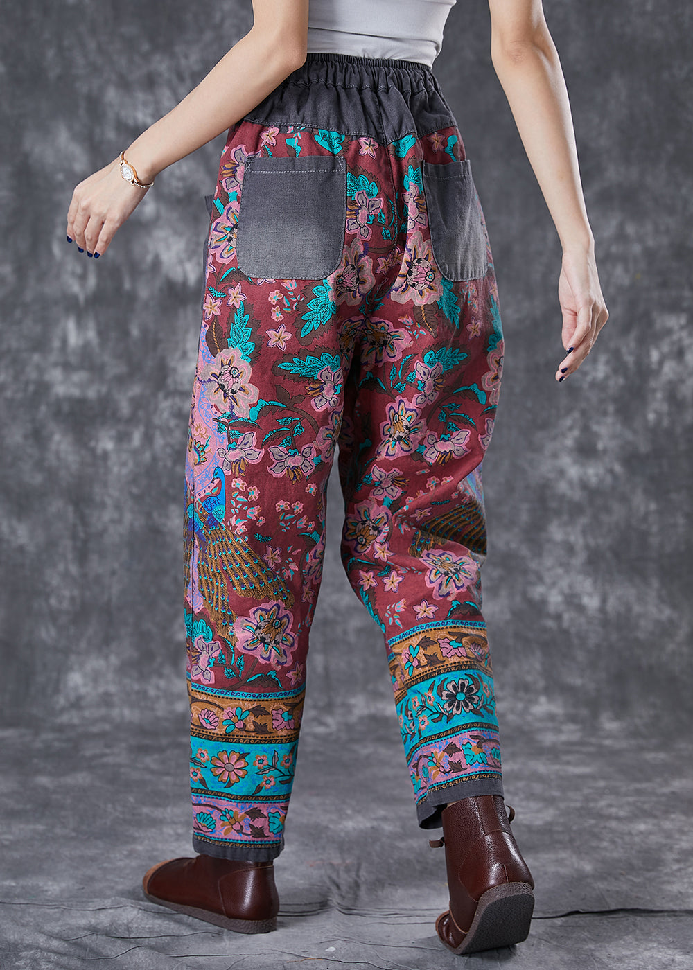 Red Print Elastic Waist Patchwork Pockets Cotton Harem Pants Fall