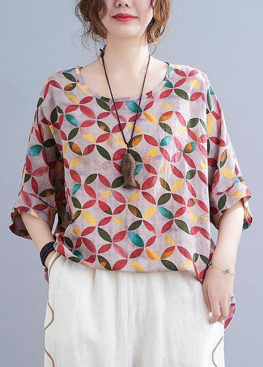 Red Print Half Sleeve Cotton Linen Summer Shirt