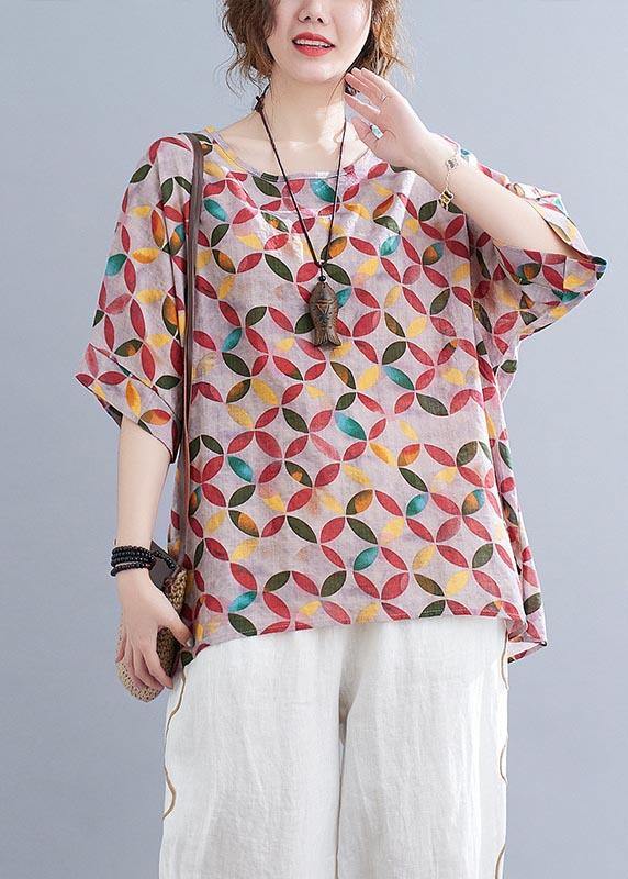 Red Print Half Sleeve Cotton Linen Summer Shirt