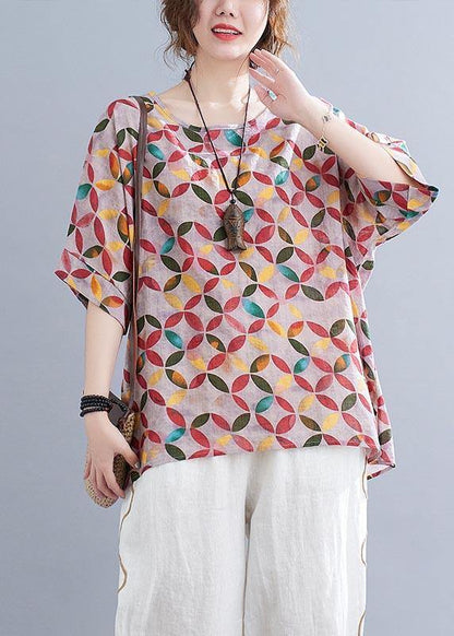 Red Print Half Sleeve Cotton Linen Summer Shirt
