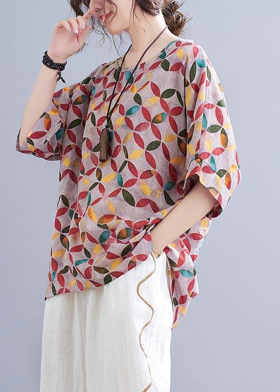 Red Print Half Sleeve Cotton Linen Summer Shirt
