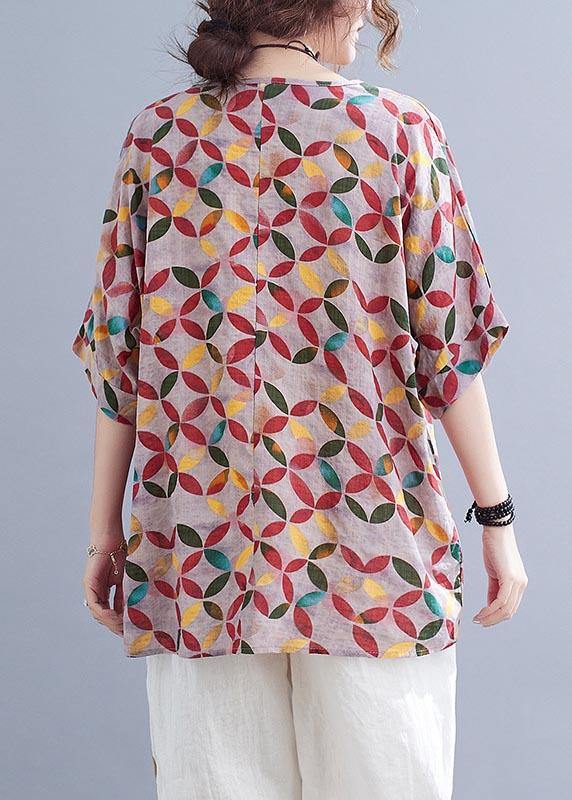 Red Print Half Sleeve Cotton Linen Summer Shirt