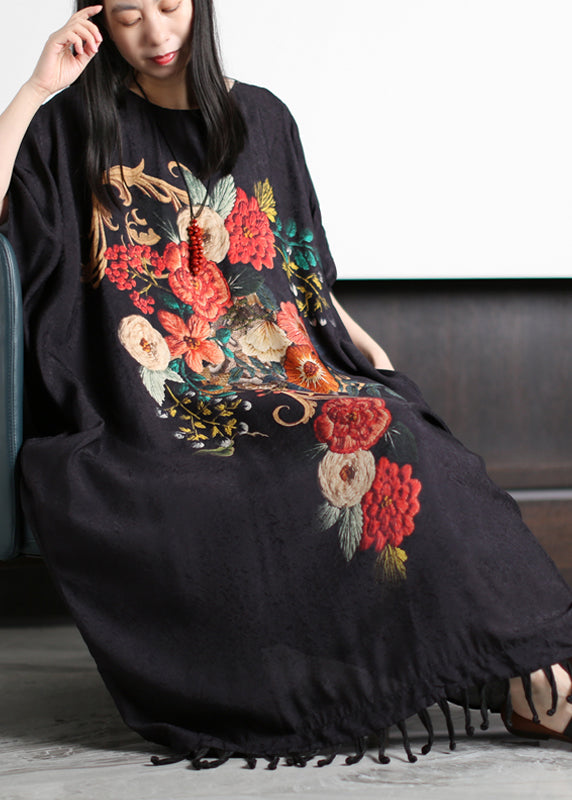 Red Print O-neck Tassel Silk Holiday Dress Short Sleeve