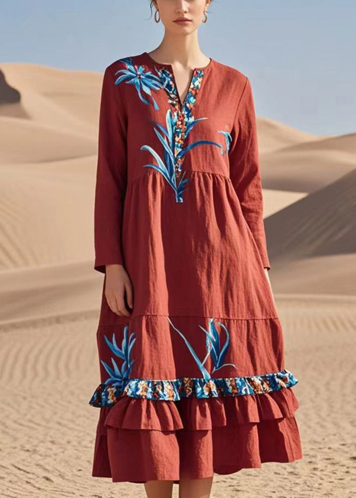 Red Print Patchwork Ruffles Cotton Dresses Spring