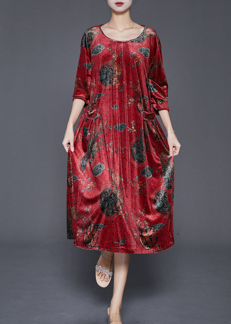Red Print Pockets Silk Velour Maxi Dress Fall