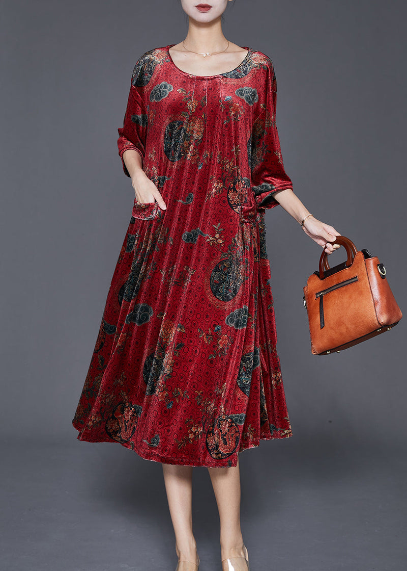 Red Print Pockets Silk Velour Maxi Dress Fall