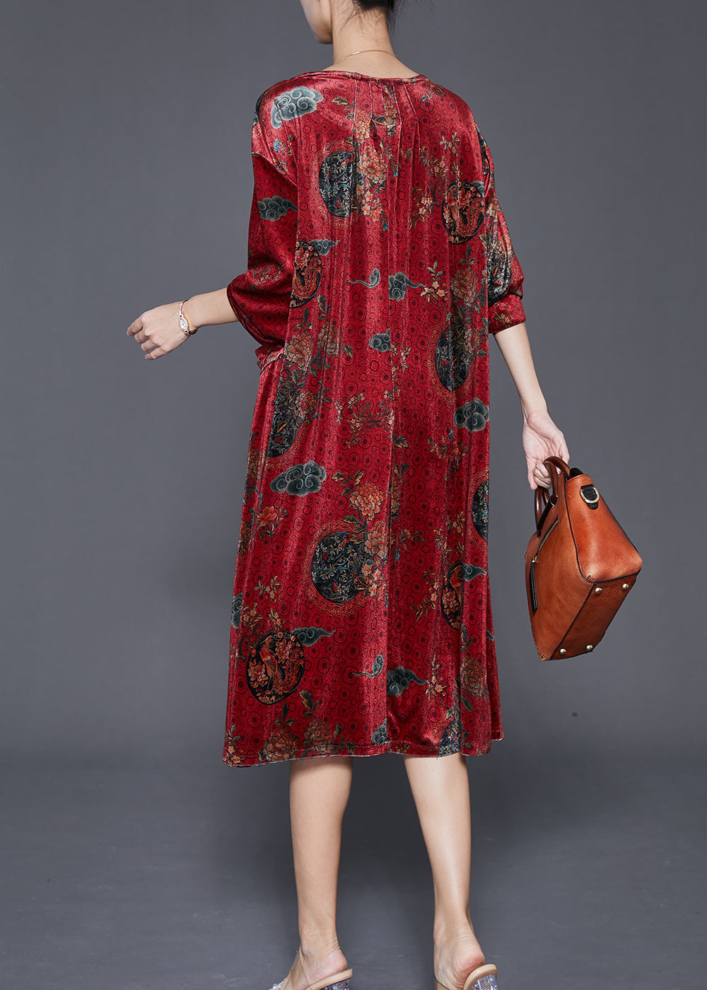 Red Print Pockets Silk Velour Maxi Dress Fall