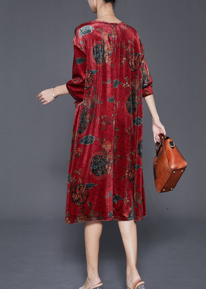 Red Print Pockets Silk Velour Maxi Dress Fall