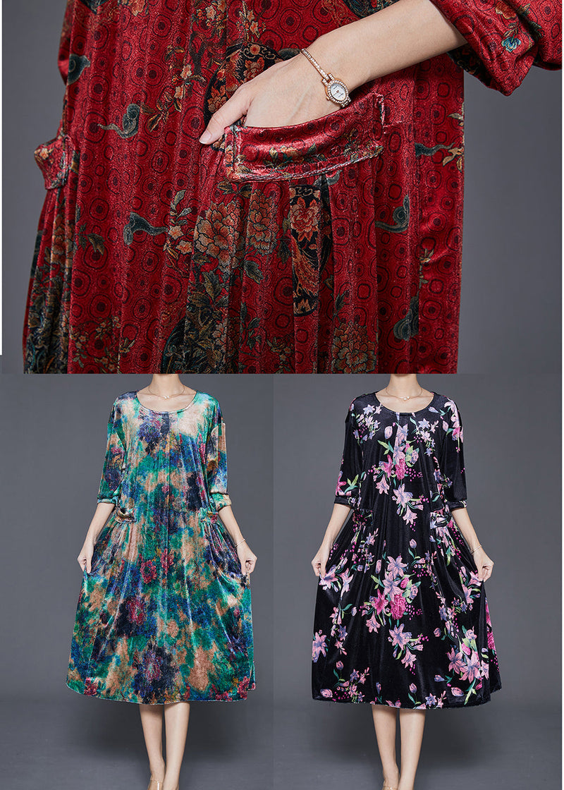 Red Print Pockets Silk Velour Maxi Dress Fall