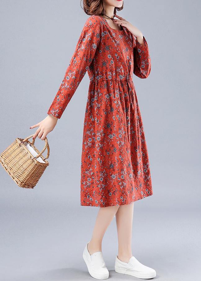 Red Print Wardrobes O Neck Drawstring Loose Spring Dresses