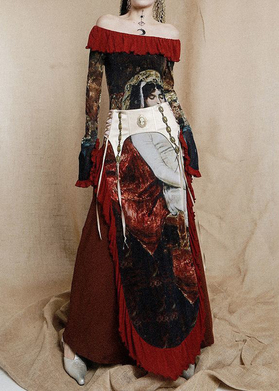 Red Ruffled Print Cotton Maxi Dresses Long Sleeve