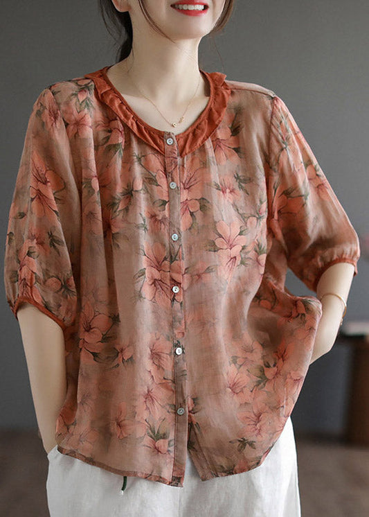 Red Ruffled Print Linen Shirt Half Sleeve