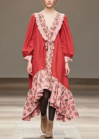 Red Ruffled Print Patchwork Cotton Long Dress Fall