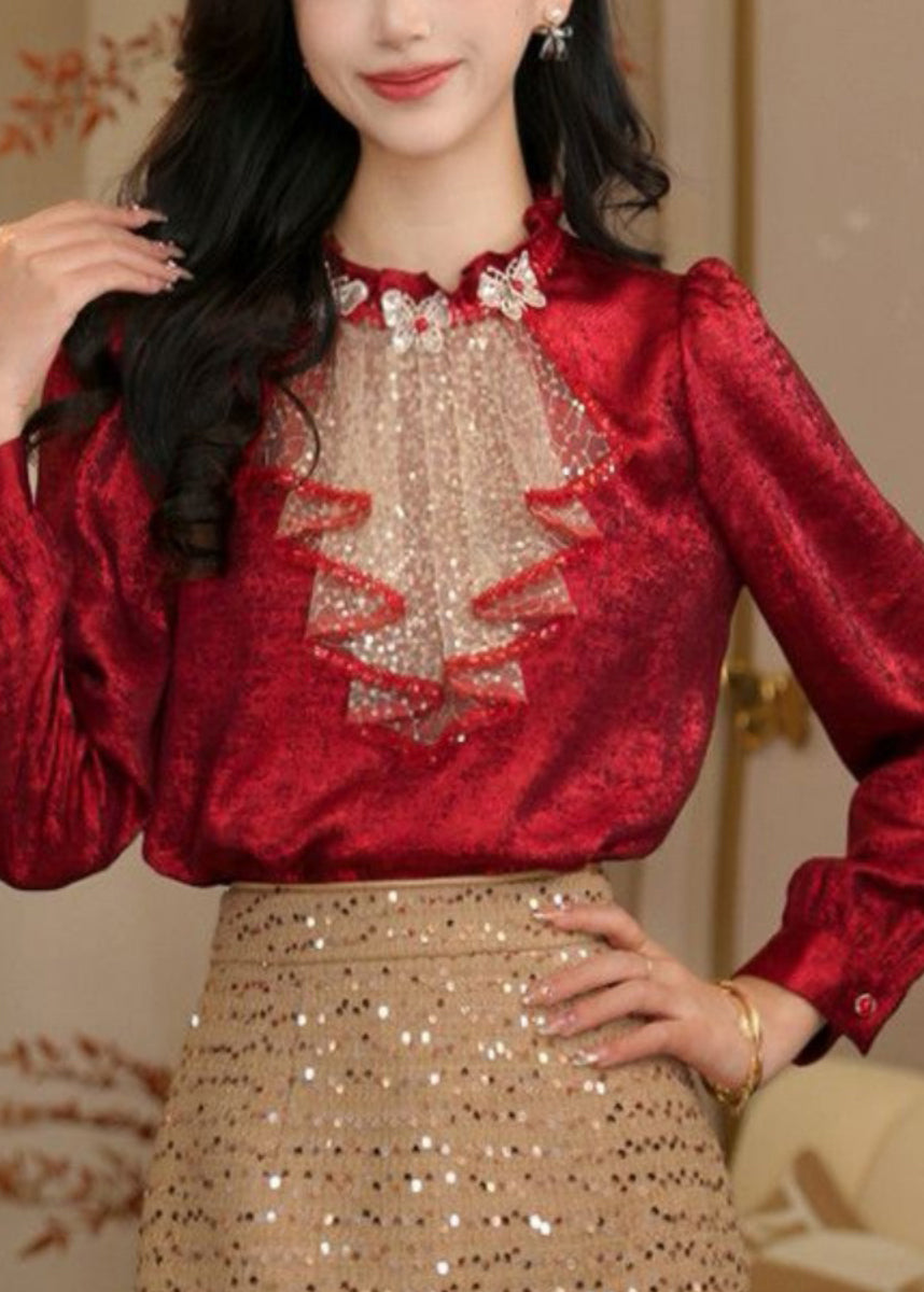 Chic Red Ruffled Sequins Patchwork Silk Shirt Top Spring