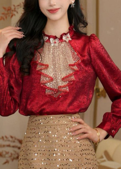 Chic Red Ruffled Sequins Patchwork Silk Shirt Top Spring