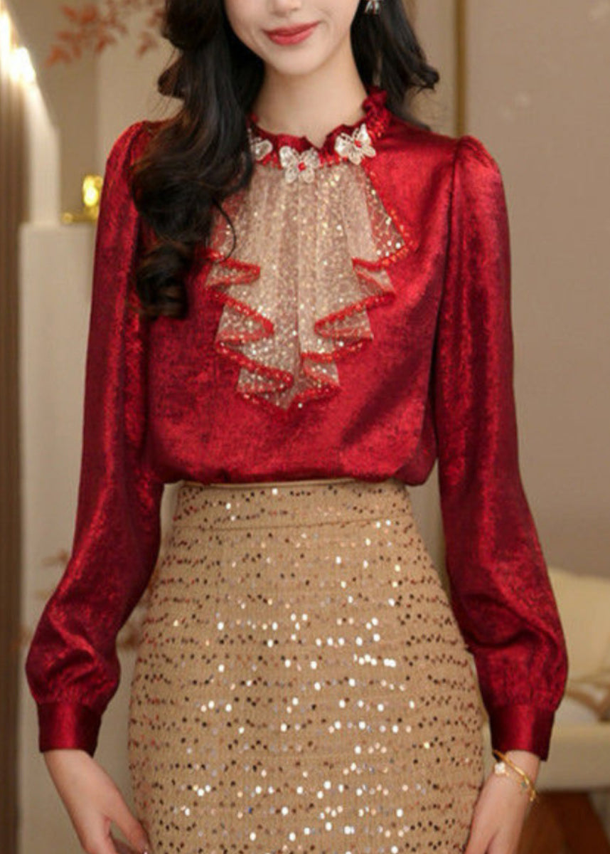 Chic Red Ruffled Sequins Patchwork Silk Shirt Top Spring