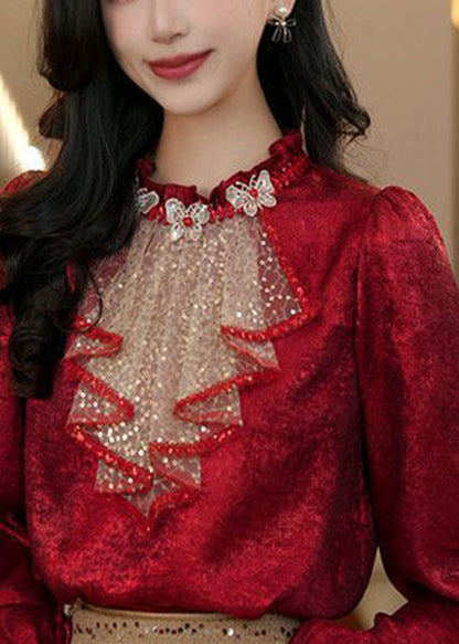Chic Red Ruffled Sequins Patchwork Silk Shirt Top Spring