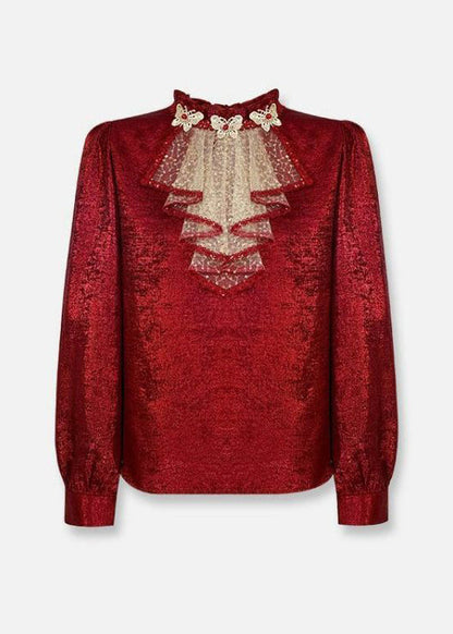 Chic Red Ruffled Sequins Patchwork Silk Shirt Top Spring