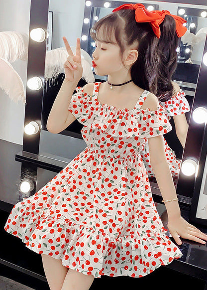 Red Slash Neckprint Ruffled Patchwork Chiffon Long Dress
