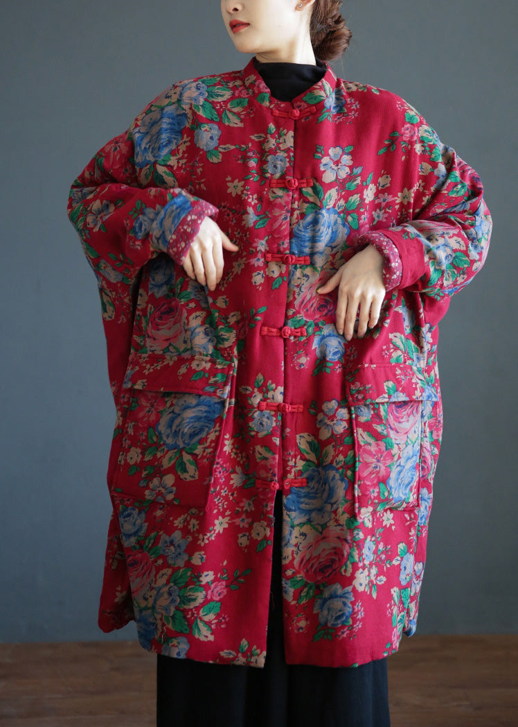 Red Stand Collar Print Button Warm Fleece Cotton Parka Winter