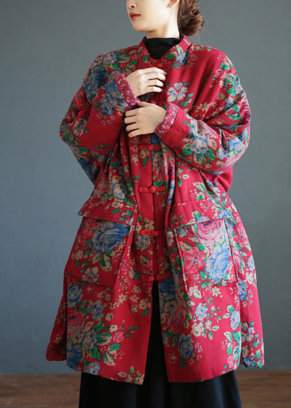 Red Stand Collar Print Button Warm Fleece Cotton Parka Winter