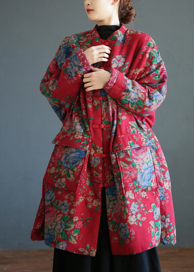 Red Stand Collar Print Button Warm Fleece Cotton Parka Winter