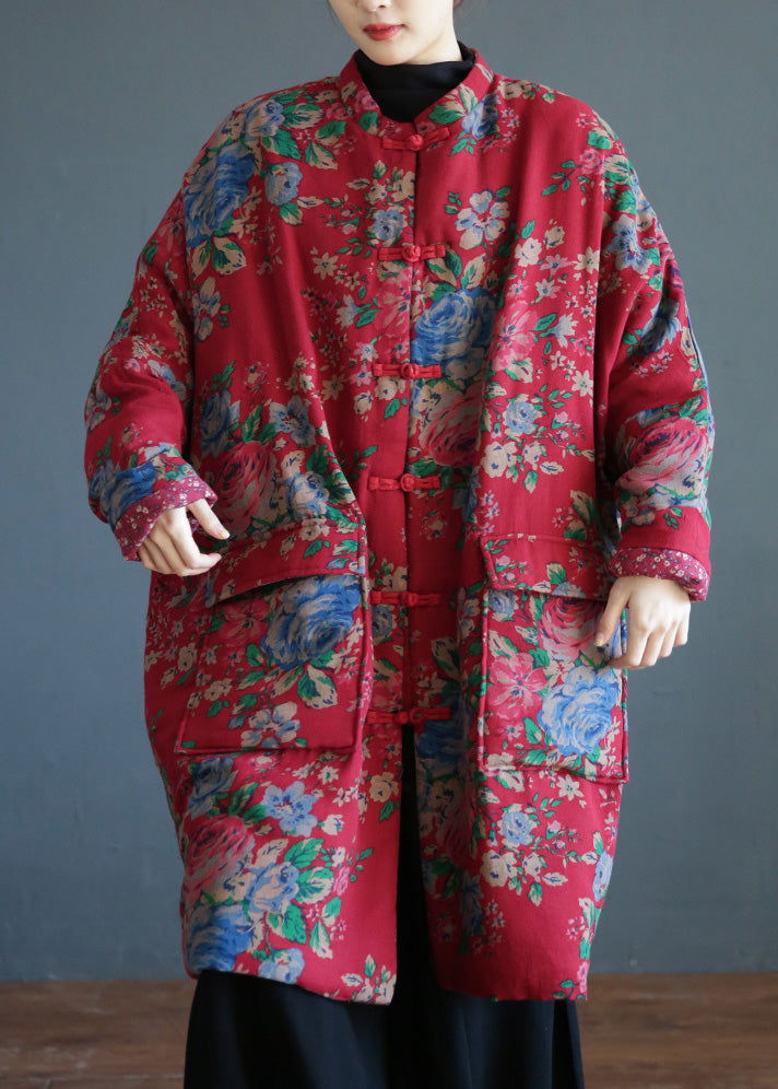 Red Stand Collar Print Button Warm Fleece Cotton Parka Winter