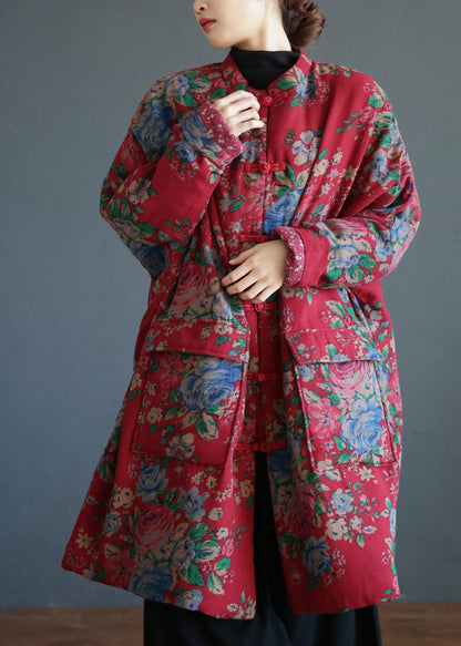 Red Stand Collar Print Button Warm Fleece Cotton Parka Winter