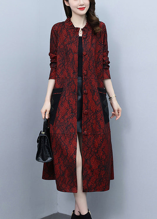 Red Stand Collar Print Long Trench Coats Spring