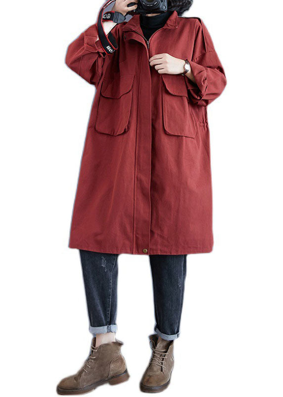 Red Stand Collar Zippered Pockets Fall Long Sleeve Trench Coats