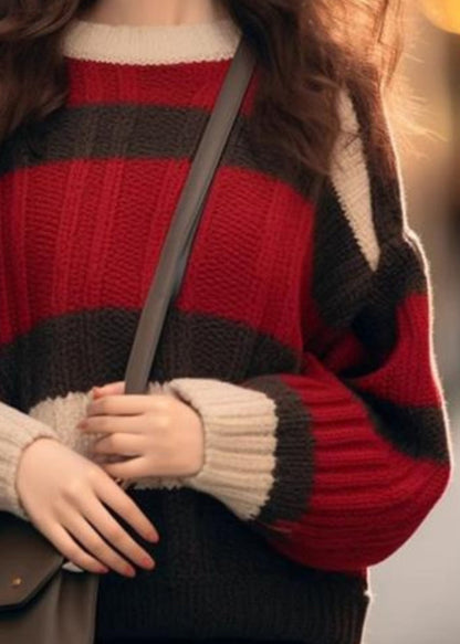 Red Striped Cozy Patchwork Knit Sweater Spring