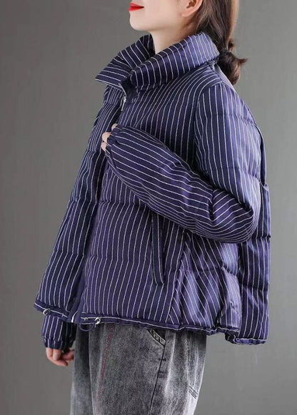 Red Striped Stand Collar Zippered Winter Chiffon Puffers Jackets