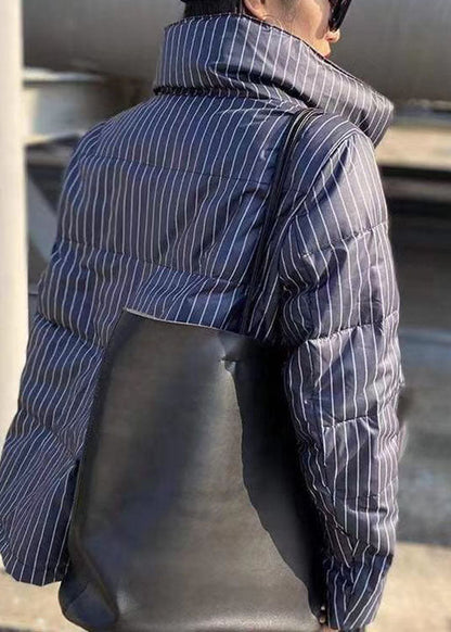 Red Striped Stand Collar Zippered Winter Chiffon Puffers Jackets