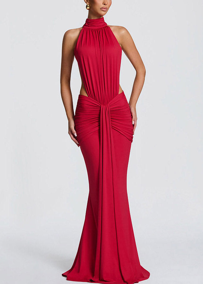 Red Turtleneck Wrinkled Party Maxi Fish-tail Dress Summer