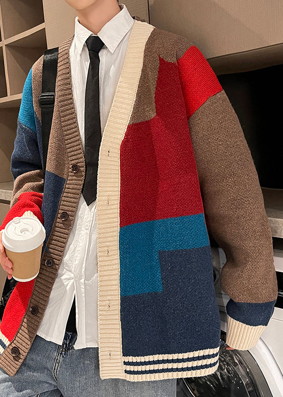 Red V Neck Button Patchwork Knit Coats Spring