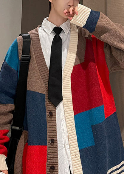 Red V Neck Button Patchwork Knit Coats Spring