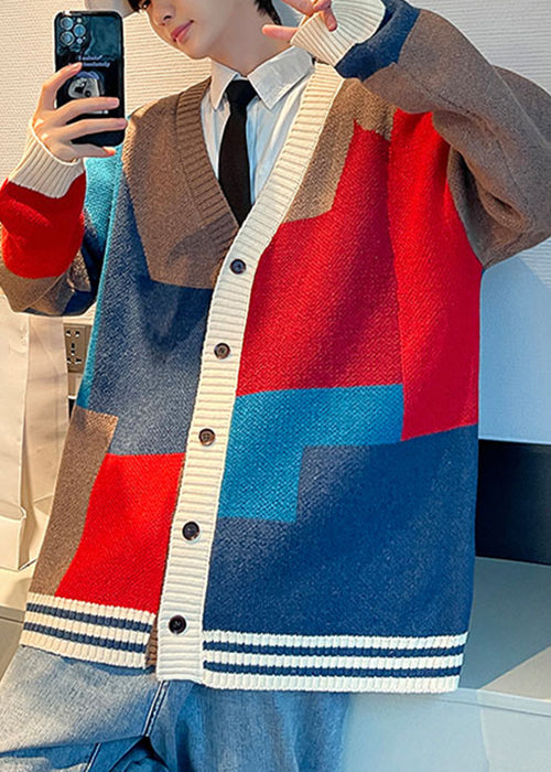 Red V Neck Button Patchwork Knit Coats Spring