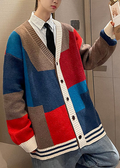 Red V Neck Button Patchwork Knit Coats Spring