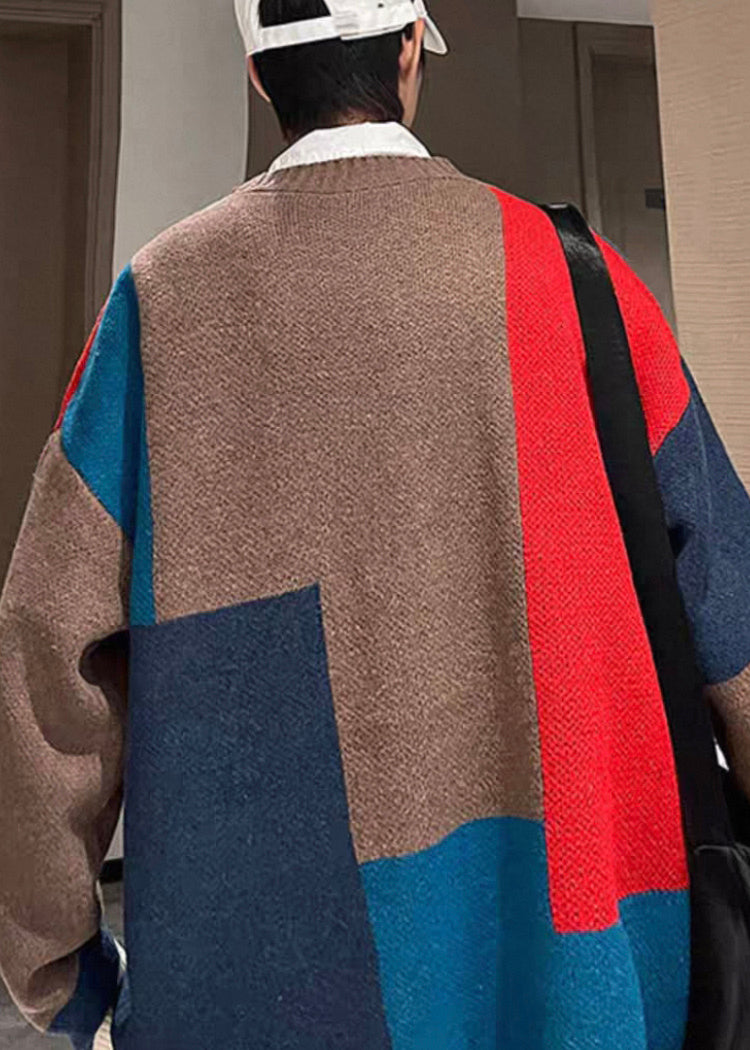 Red V Neck Button Patchwork Knit Coats Spring