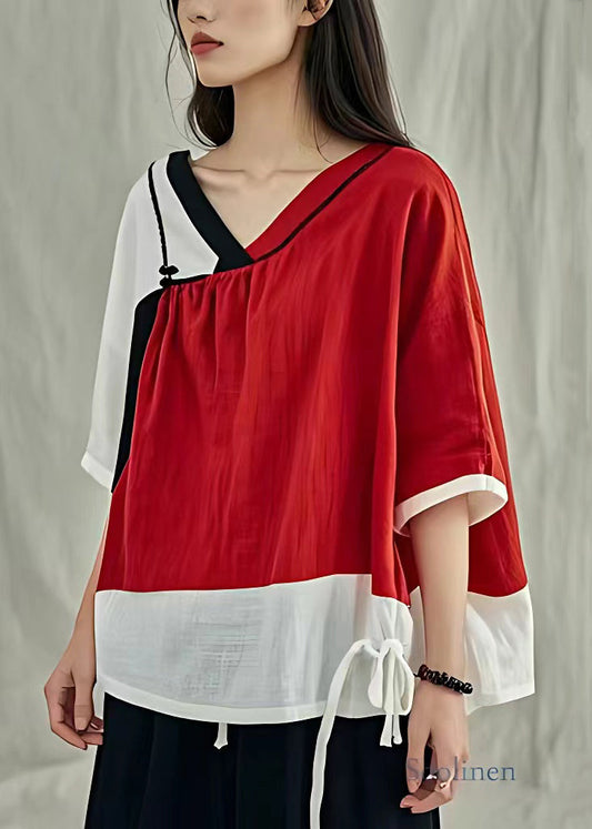 Red V Neck Lace Up Linen T Shirt Half Sleeve