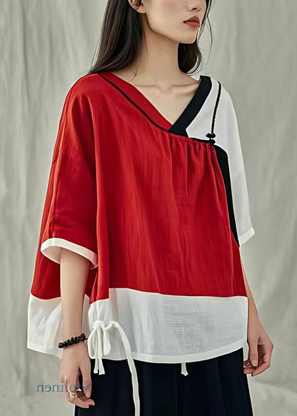 Red V Neck Lace Up Linen T Shirt Half Sleeve