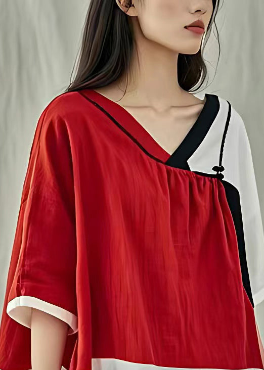 Red V Neck Lace Up Linen T Shirt Half Sleeve