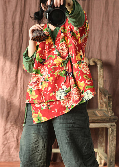 Red V Neck Print Lace Up Patchwork Cotton Coats Fall