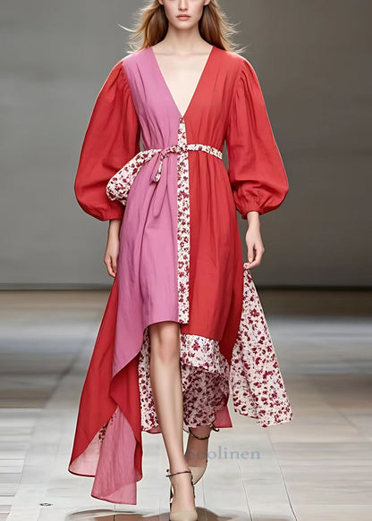 Red V Neck Print Patchwork Cotton Long Dress Fall