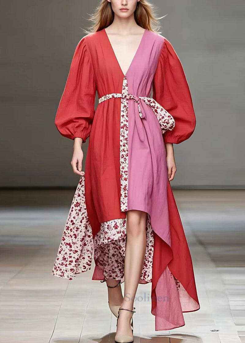 Red V Neck Print Patchwork Cotton Long Dress Fall