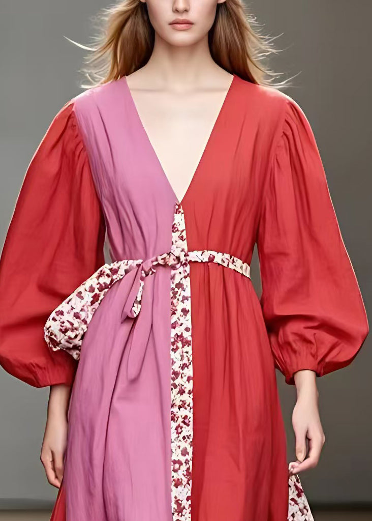 Red V Neck Print Patchwork Cotton Long Dress Fall