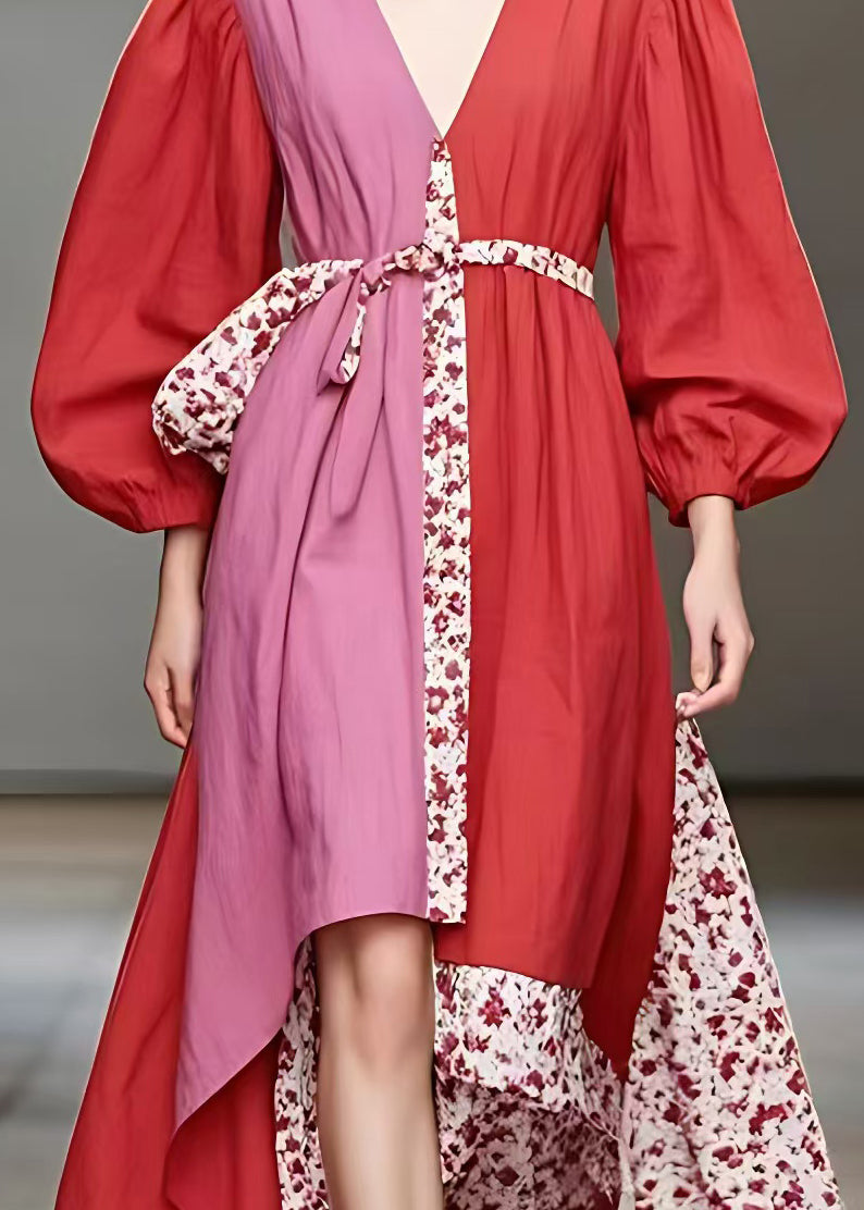 Red V Neck Print Patchwork Cotton Long Dress Fall