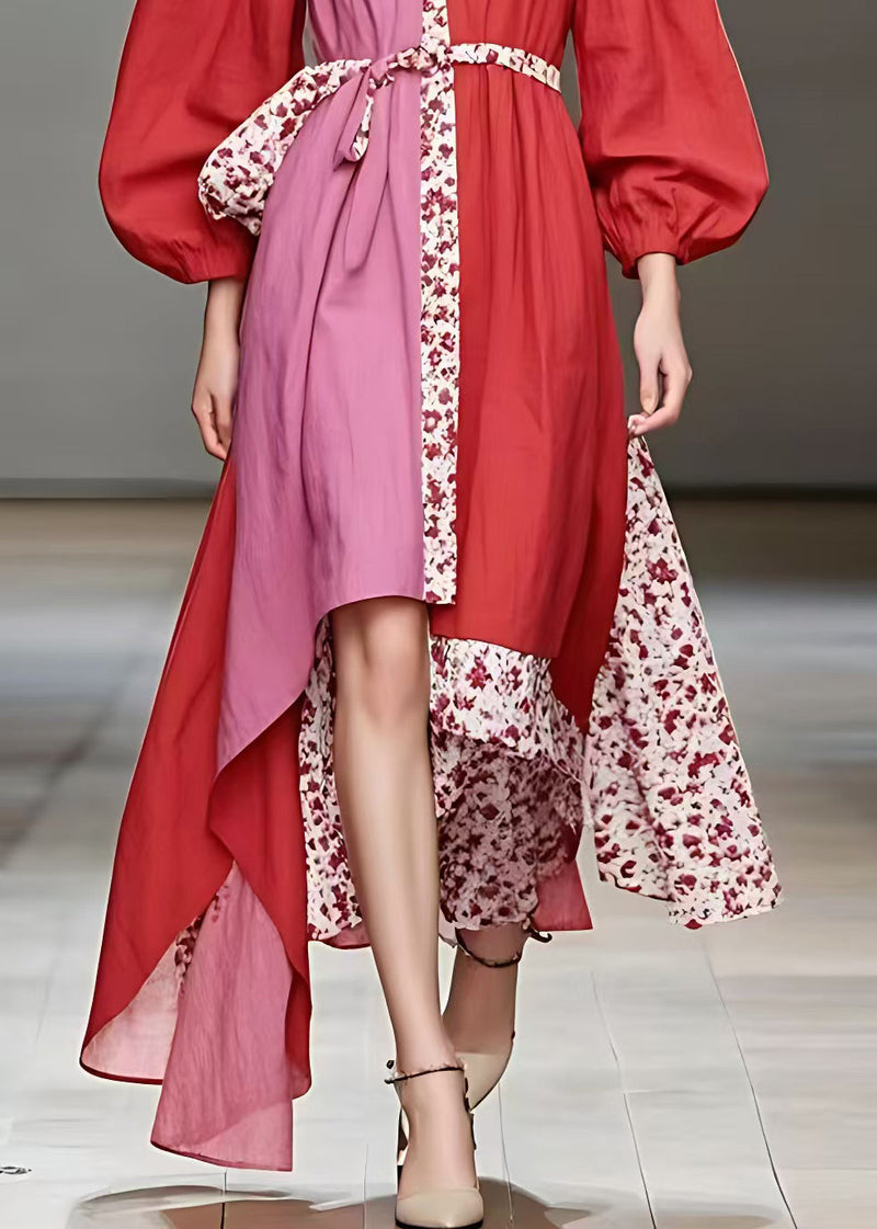 Red V Neck Print Patchwork Cotton Long Dress Fall